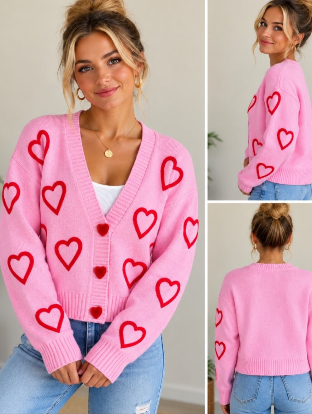33 Degrees Pink & Red Heart Cardigan Sweater Size L